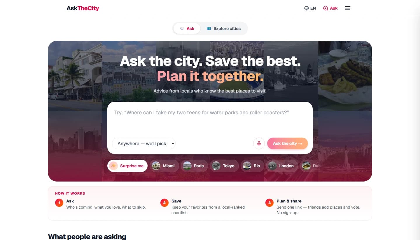 Screenshot of AskTheCity.com: a gradient hero with the headline Ask the city. Save the best. Plan it together.