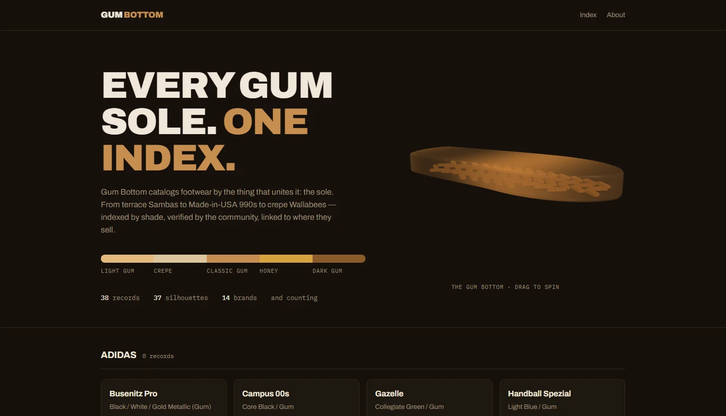 Screenshot of the Gum Bottom home page